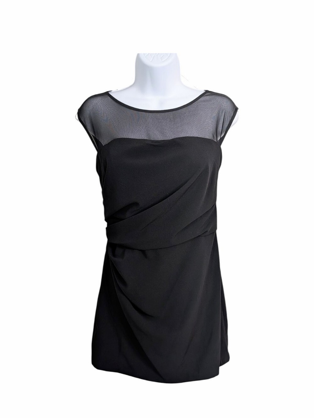 Vera Wang Black Fitted Mini Dress Sz 4 Draped Ruched Mesh Boat Neckline Cocktail